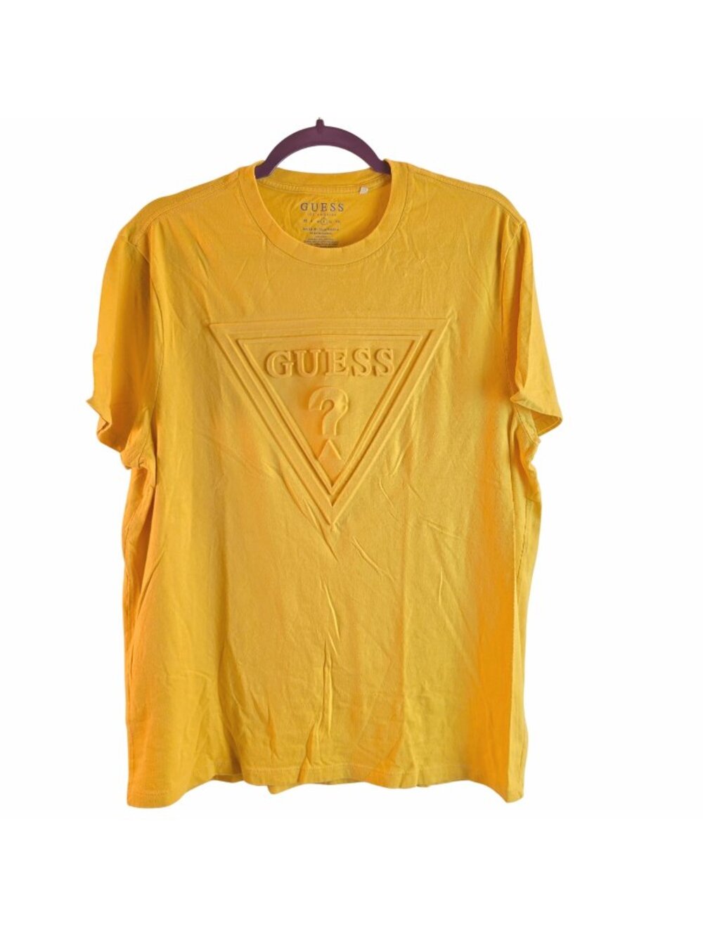 GUESS Yellow Logo T Shirt Men Size L Embossed Triangle Graphic 100% Cotton Tee